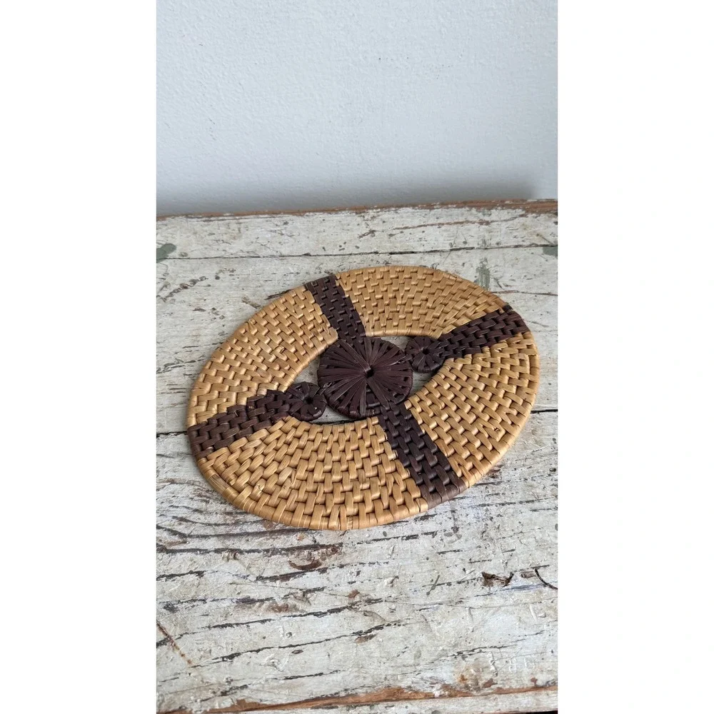 Vintage Woven Wicker Trivet Oval Boho Wall Hanging Brown Tan 9x7